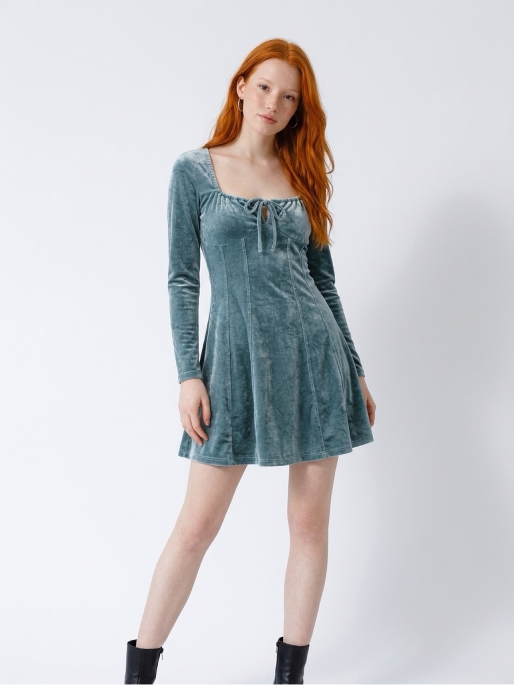 Bluenotes Teal Velvet Tie-Front Long-Sleeve Mini Dress